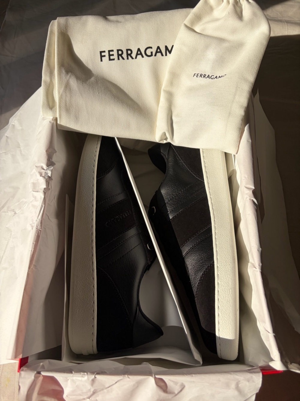 Salvatore Ferragamo Black Leather & White Sole Low-Top Sneakers
